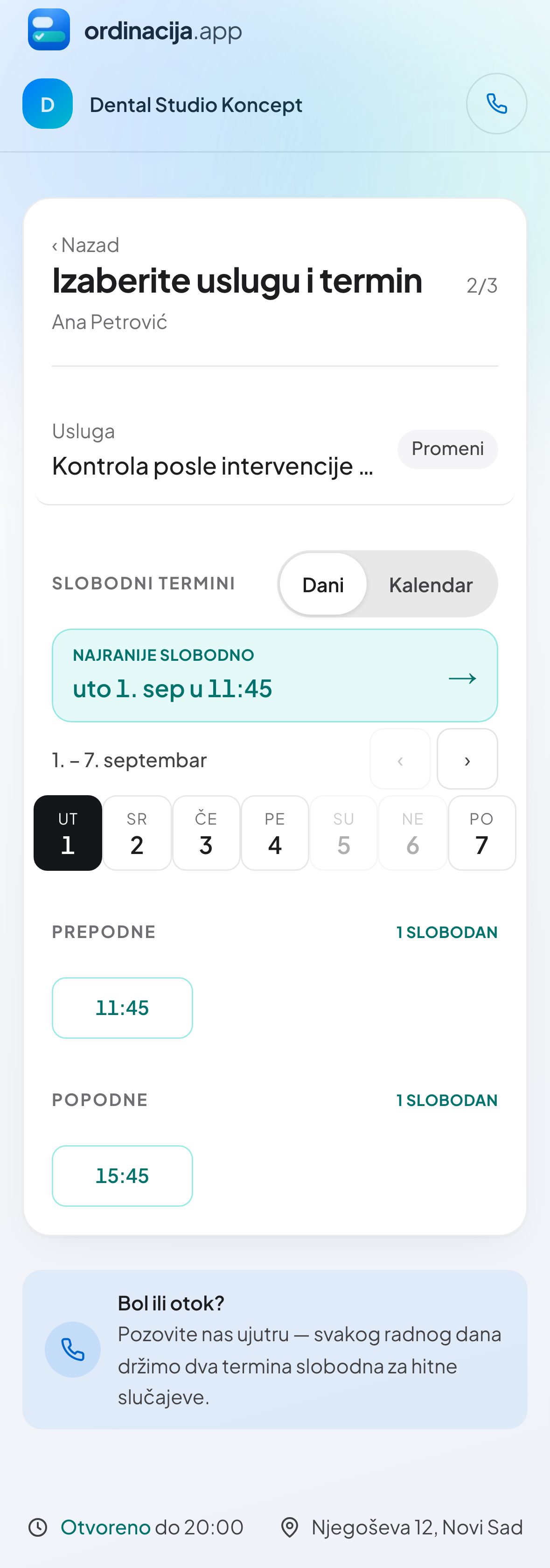 Pacijent bira uslugu i slobodan termin